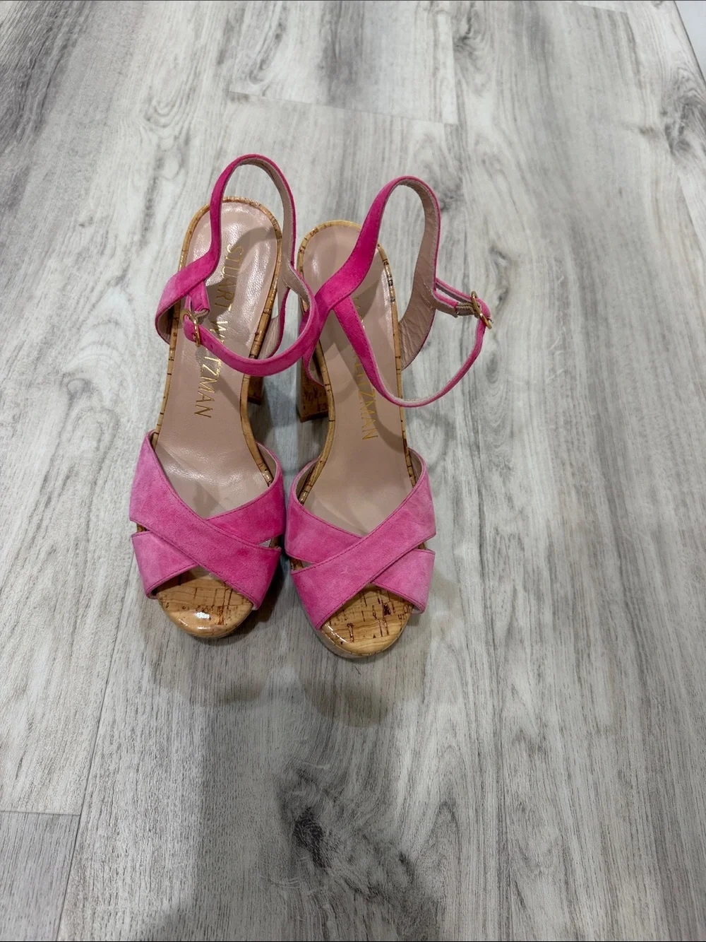 Stuart Weitzman Fuchsia Suede Cork Platform Sandals size 7 faded
